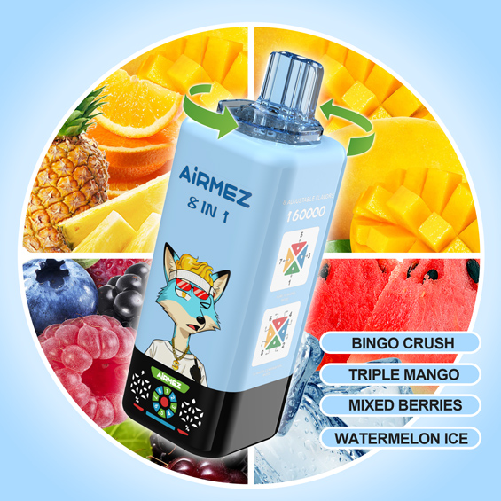 Airmez Fox 8-in-1 160K Kit 01 – Bingo Crush & Triple Mango & Mixed Berries & Watermelon Ice | 4 Flavor Kit Render | Rotate to Switch | EU Stock Ships from Poland