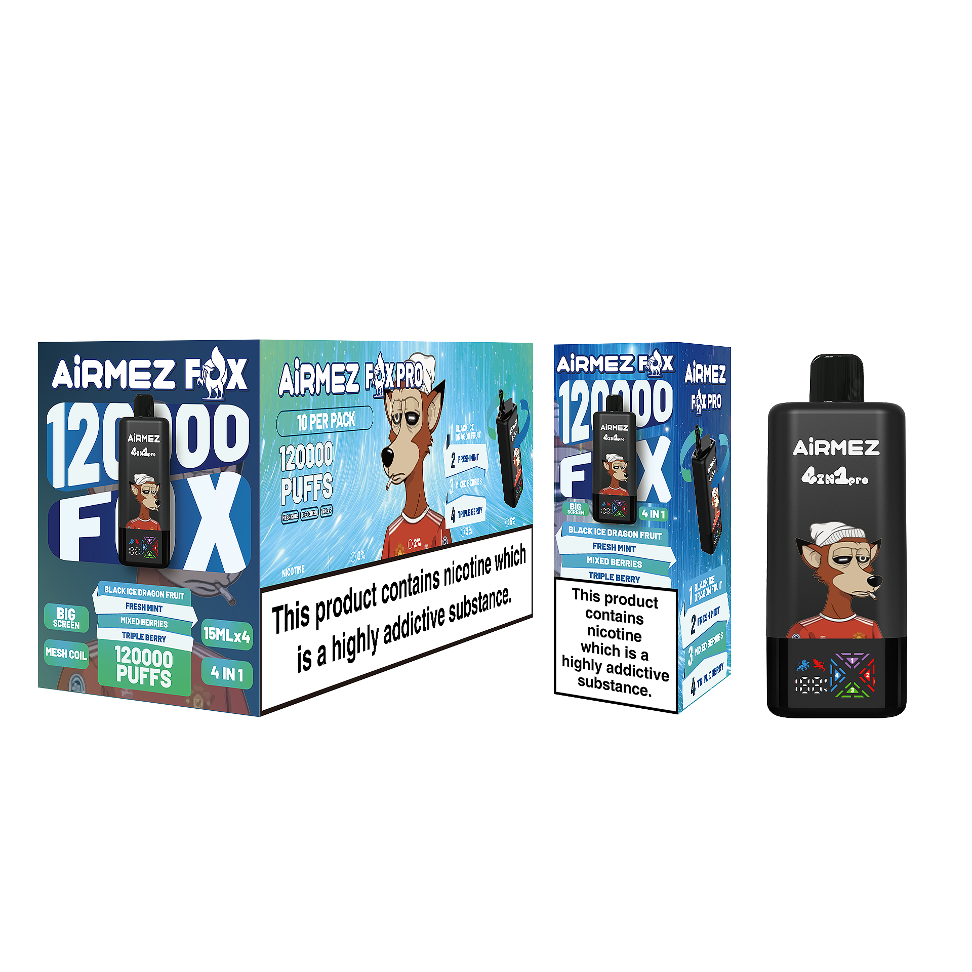 AiRMEZ Fox 4-in-1 Pro 120K Black Ice Dragon Fruit / Fresh Mint / Mixed Berries / Triple Berry with retail packaging