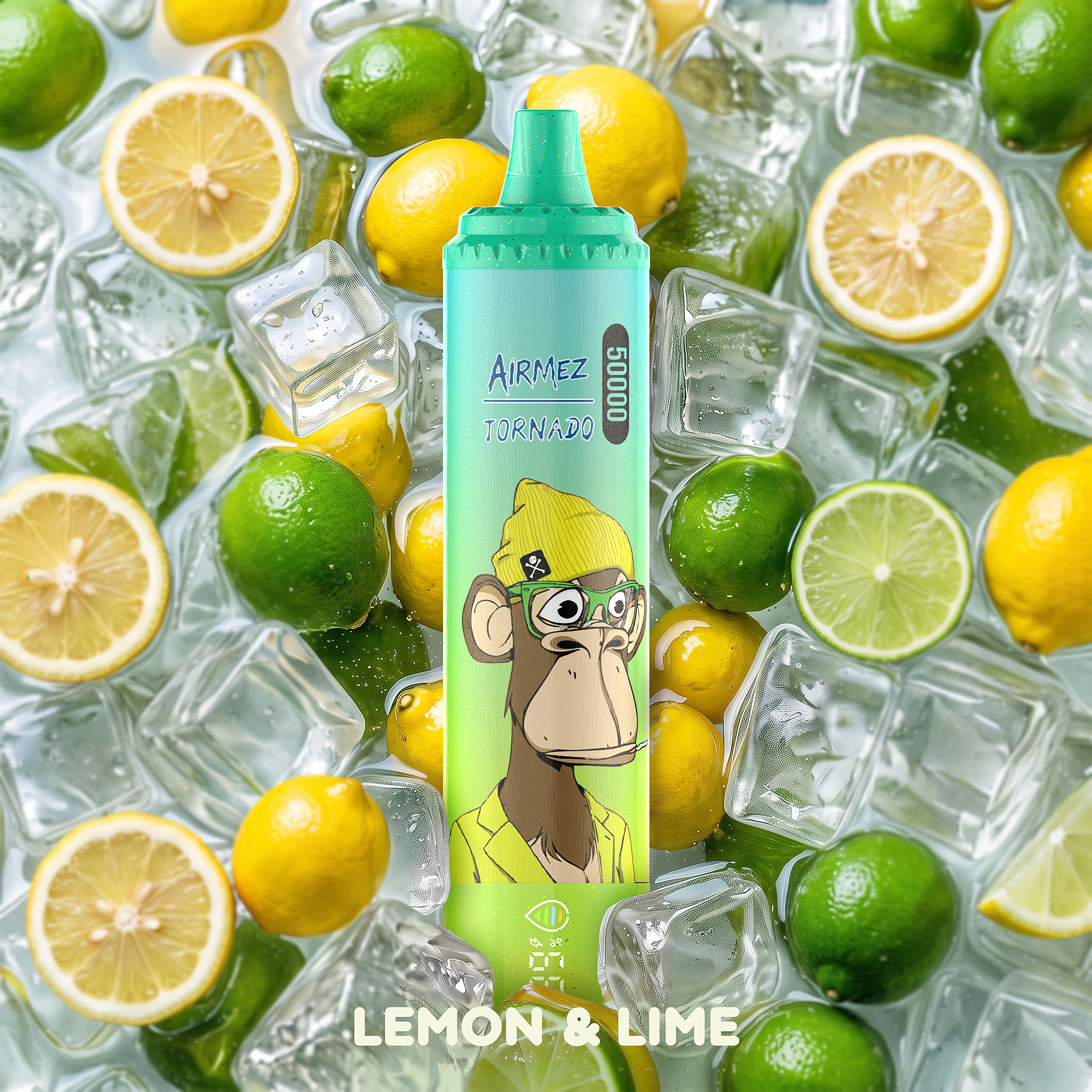 AiRMEZ Tornado 50K Lemon and Lime flavor with fresh lemons, limes and ice cubes