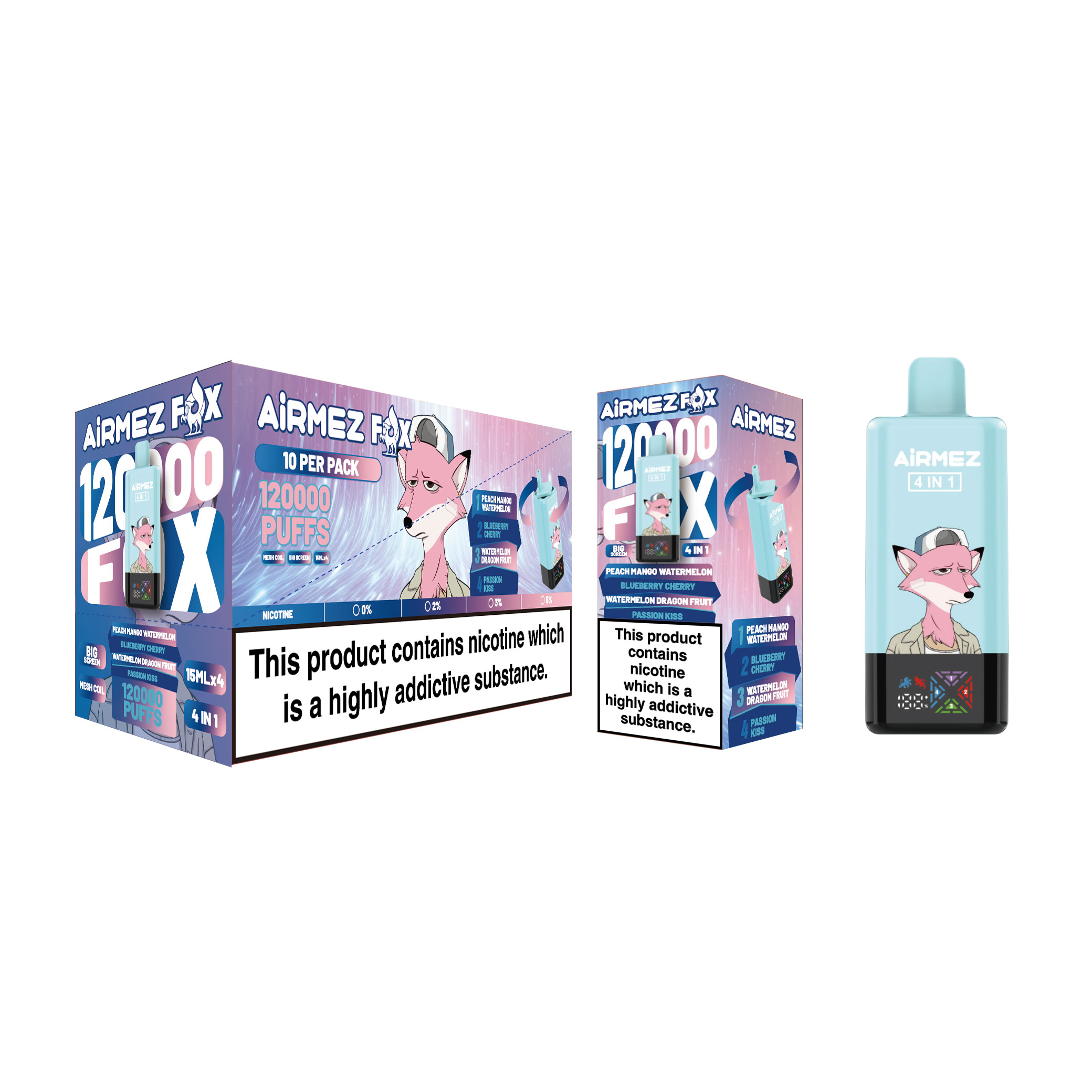 Wholesale 10pcs display box for Airmez Fox 120K Summer Edition. Features Peach Mango Watermelon, Blueberry Cherry, Watermelon Dragon Fruit, and Passion Kiss.