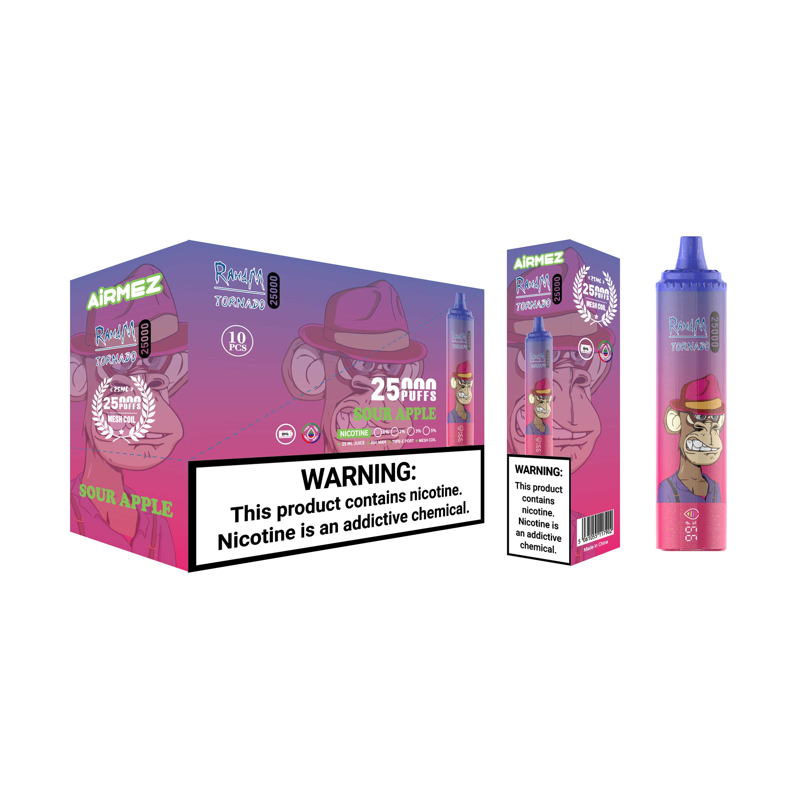Airmez Tornado 25000 Puffs Sour Apple distribution packaging. Showcases the 10-pack master case and individual box with 25K puffs branding.
