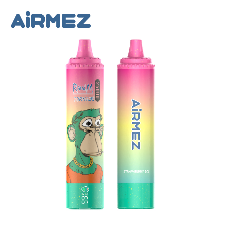 Airmez Tornado 25000 Puffs Strawberry Ice flavor. Dual perspective on a white background focusing on the iconic character design and device shape.