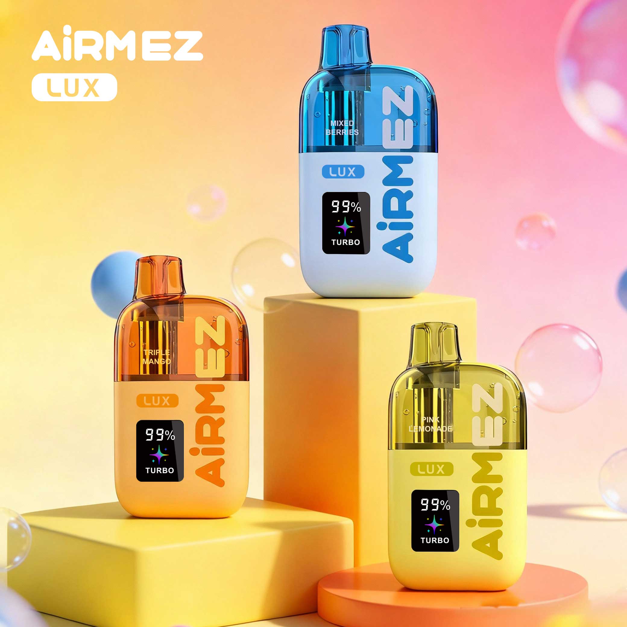Official hero image of Airmez Lux 60,000 Puffs disposable vape collection. Features 99% Turbo mode, dual mesh coil, and a visible tank. Ships from EU warehouse with no customs fee.