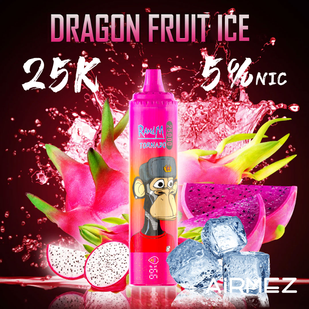 Exotic flavor render of Airmez Tornado 25000 Puffs Dragon Fruit. Features the vibrant disposable vape alongside fresh sliced pitaya and dynamic backgrounds.