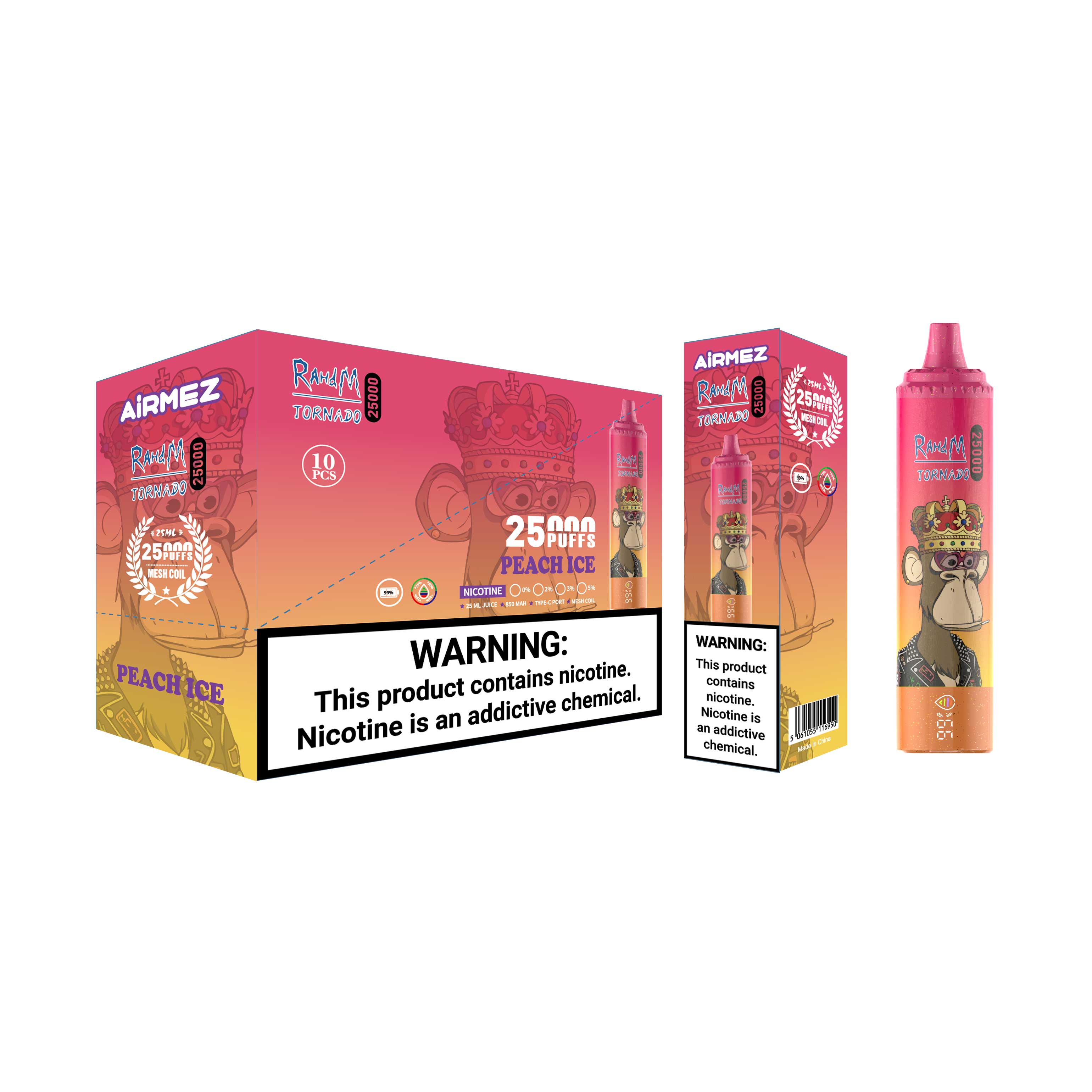 Retail display packaging for Airmez Tornado 25000 Puffs Peach Ice. Showing the 10pcs wholesale box and the individual unit with nicotine warnings.