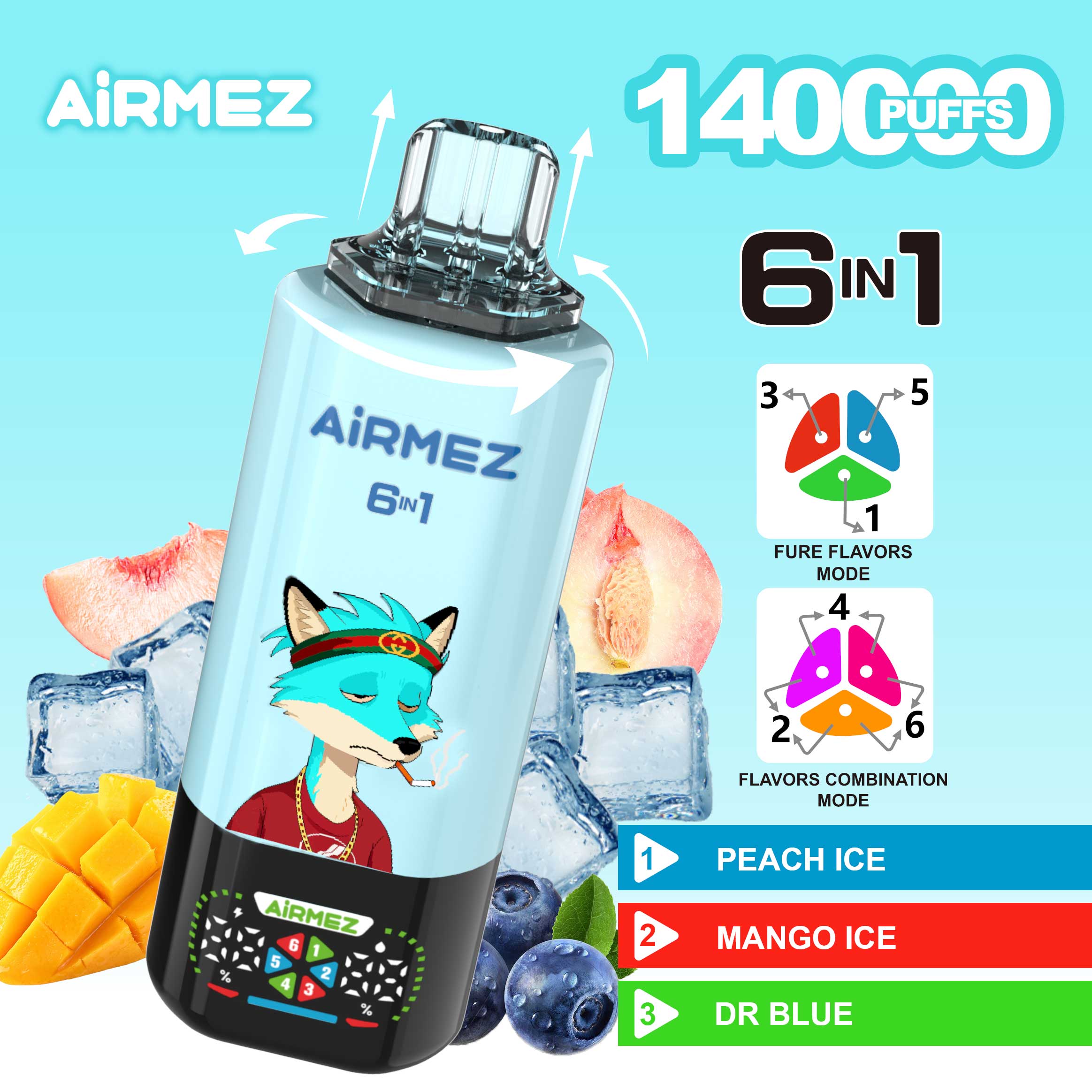 Official specifications for Airmez Fox 140K Dr Blue Mix. 6-in-1 switchable flavors: Peach Ice, Mango Ice, and Dr Blue.