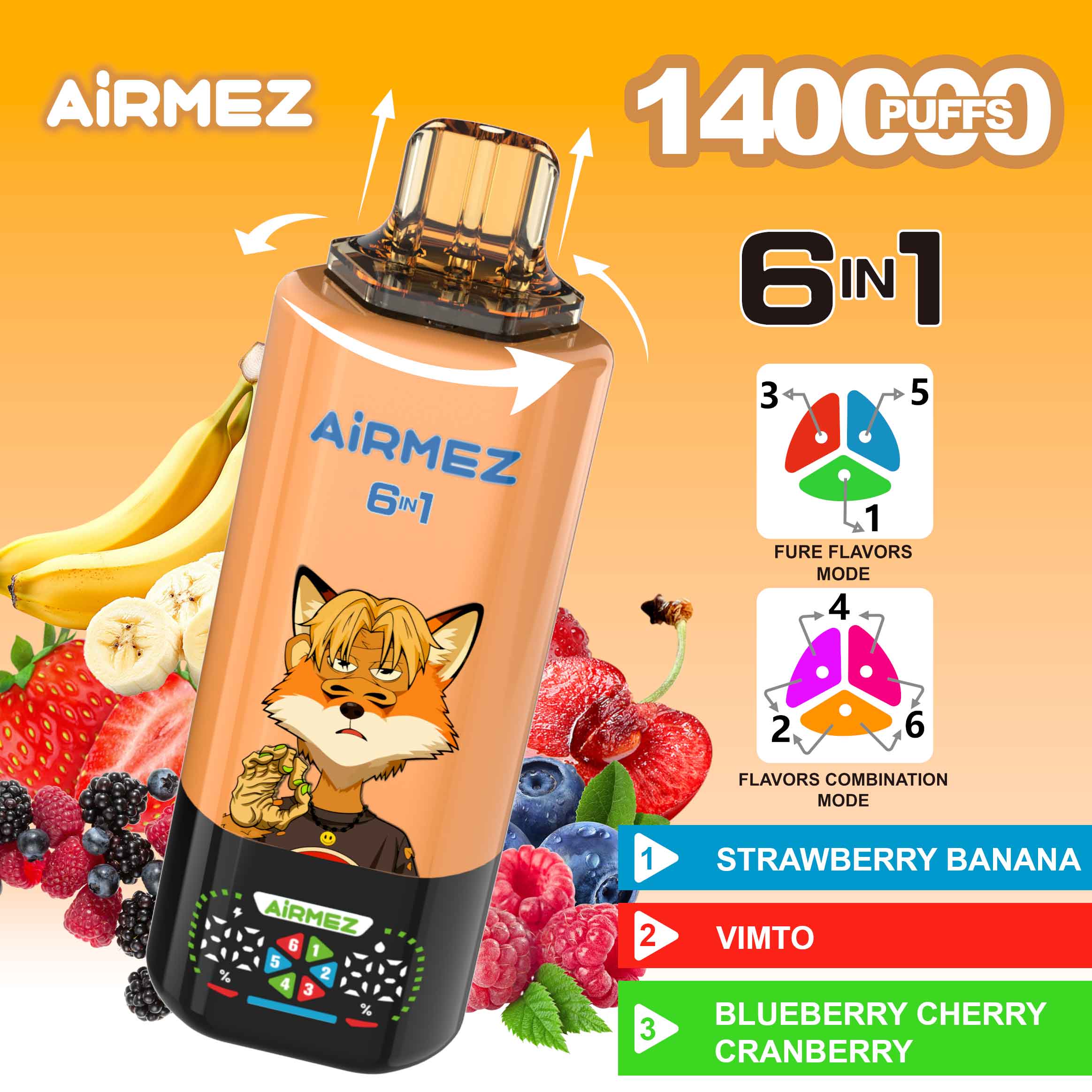 Airmez Fox 140K Banana Vimto Mix official specs. Features Strawberry Banana, Vimto, and Blueberry Cherry Cranberry in a 6-in-1 system.