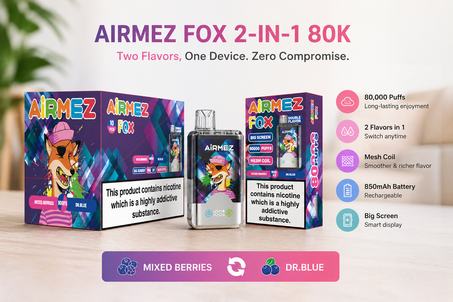 Airmez Fox 2-in-1 80K &ndash; Mixed Berries & Dr. Blue | Dual Flavor Device, Big Screen, 850mAh, Mesh Coil | EU Stock Ships from Poland