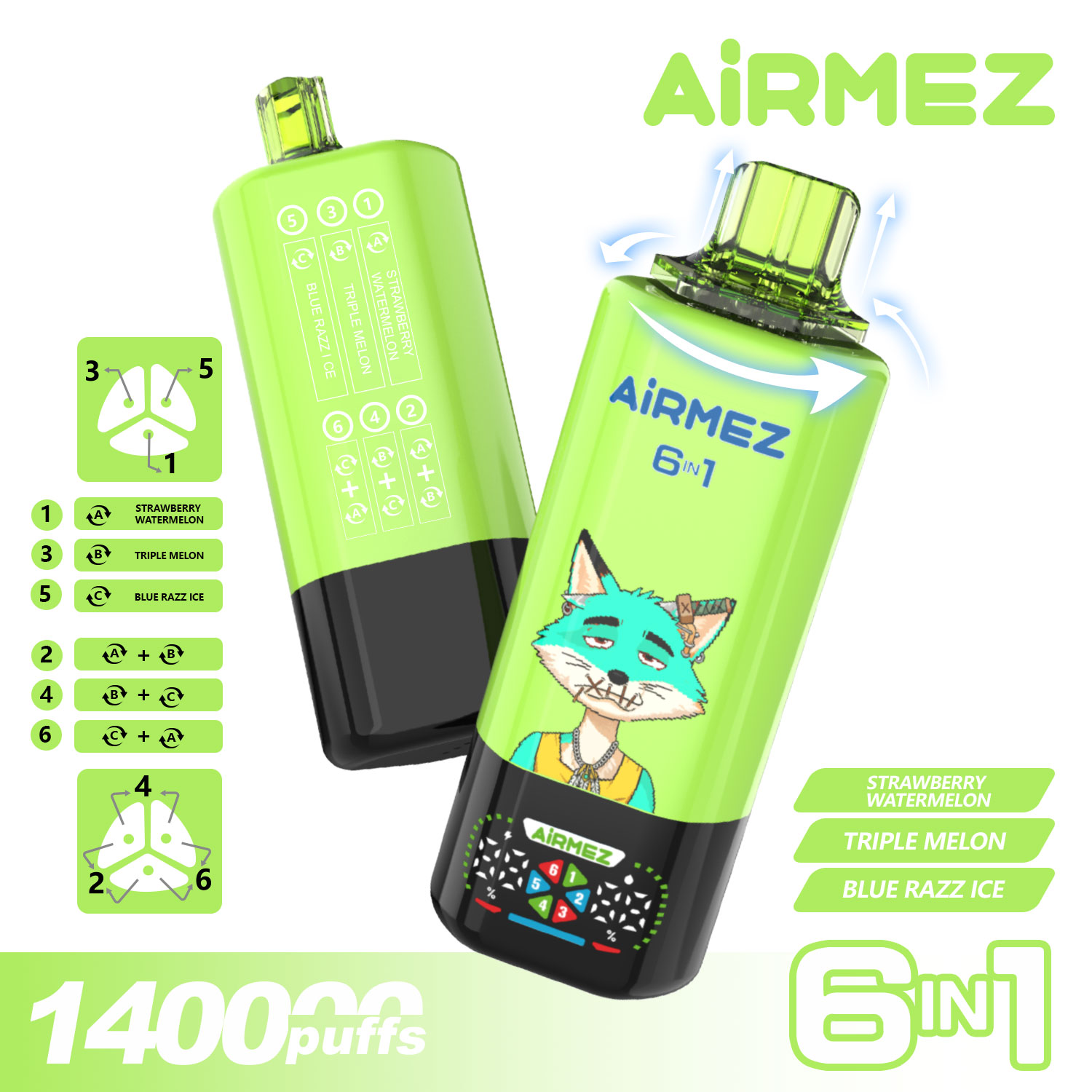 Airmez Fox 140K Puffs Official Triple Melon Mix. Features Strawberry Watermelon, Triple Melon, and Blue Razz Ice.