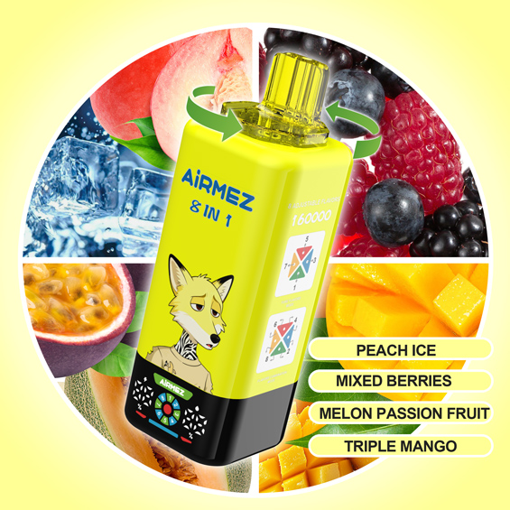 Airmez Fox 8-in-1 160K Kit 09 – Peach Ice & Mixed Berries & Melon Passion Fruit & Triple Mango | 4 Flavor Kit Render | Rotate to Switch | EU Stock Ships from Poland