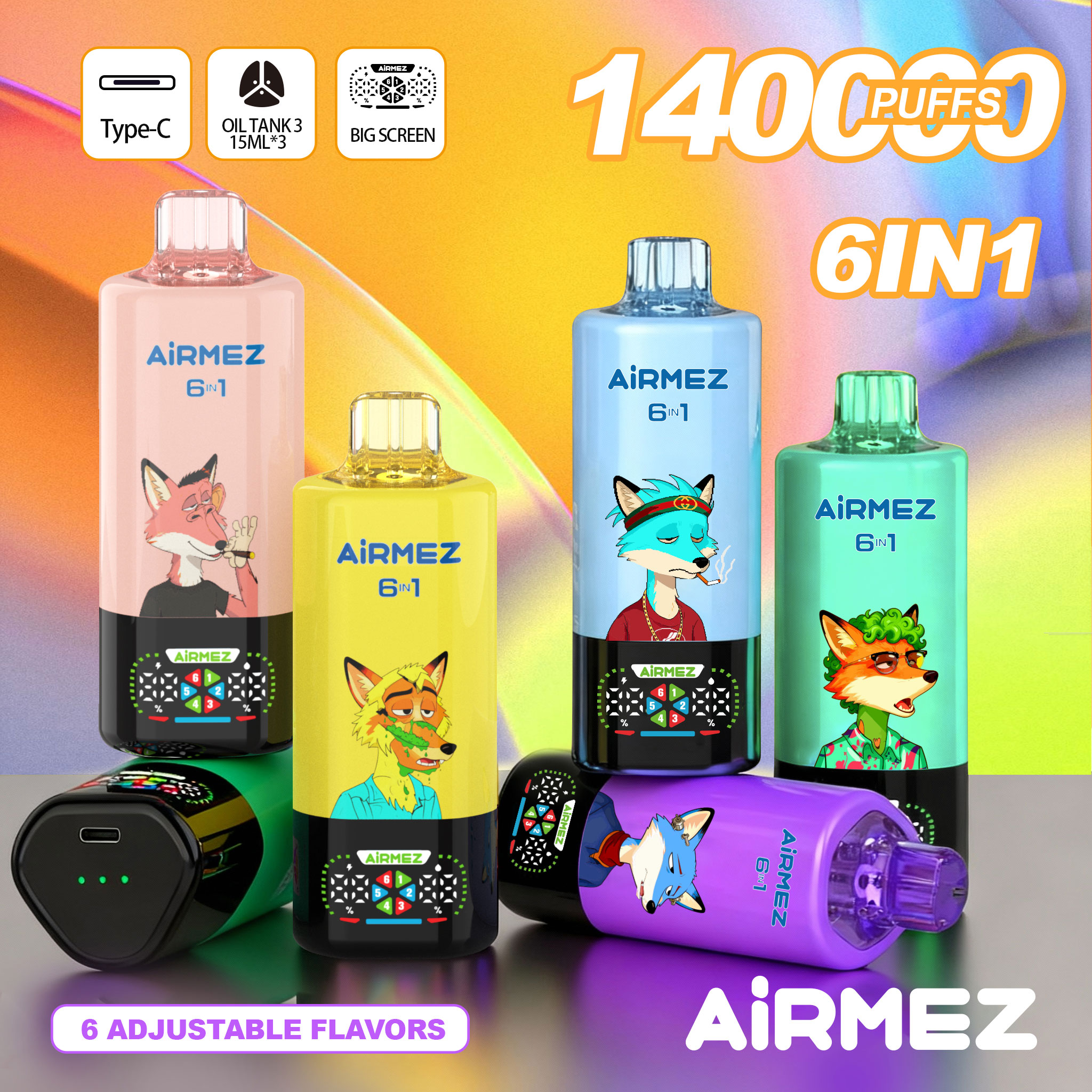 Airmez Fox 6 in 1 disposable vape, 14000 puffs, 3x15ml oil tanks, and 6 adjustable flavor modes.