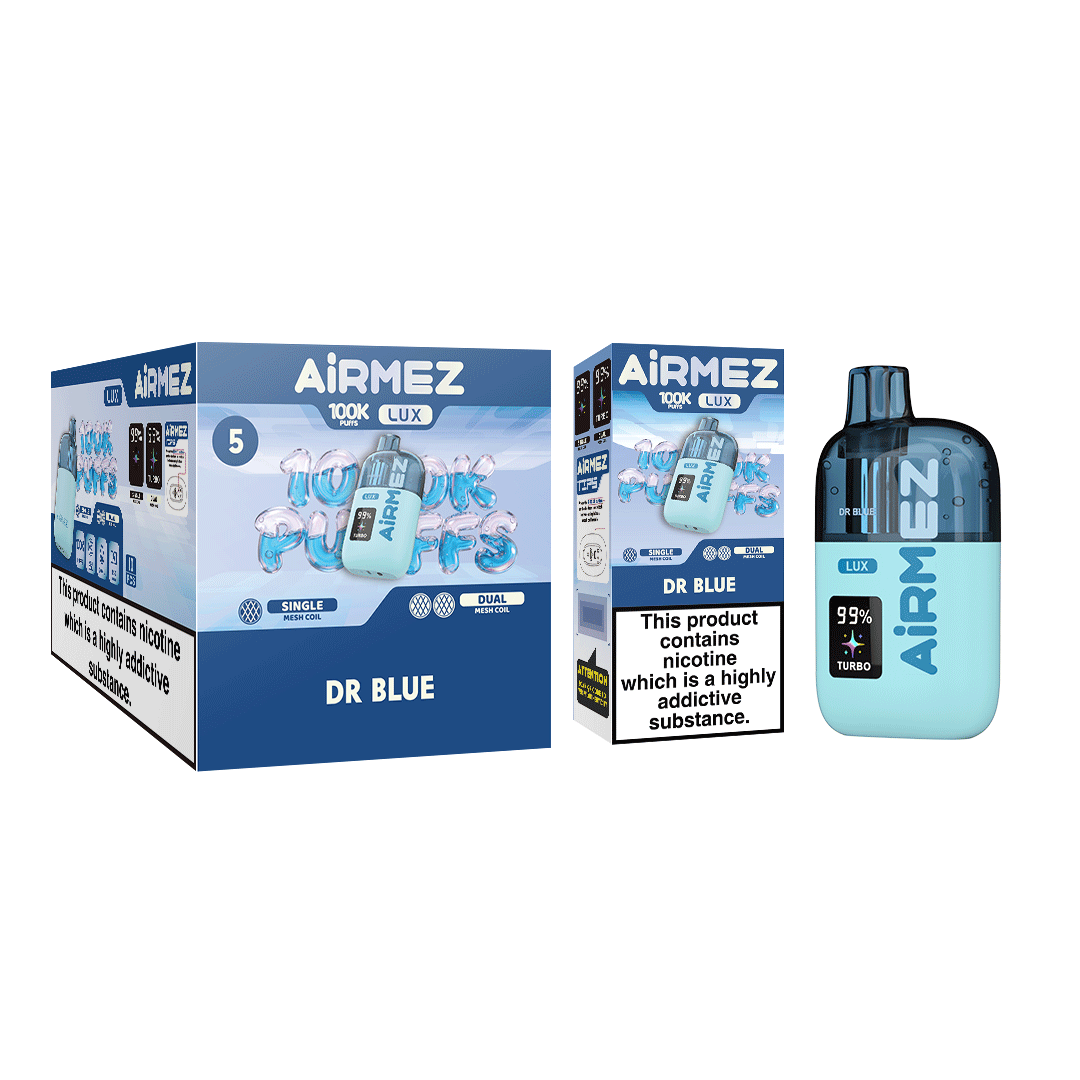 Airmez Lux 100,000 Puffs Dr Blue disposable vape wholesale master box with 10pcs retail display carton packaging for EU market
