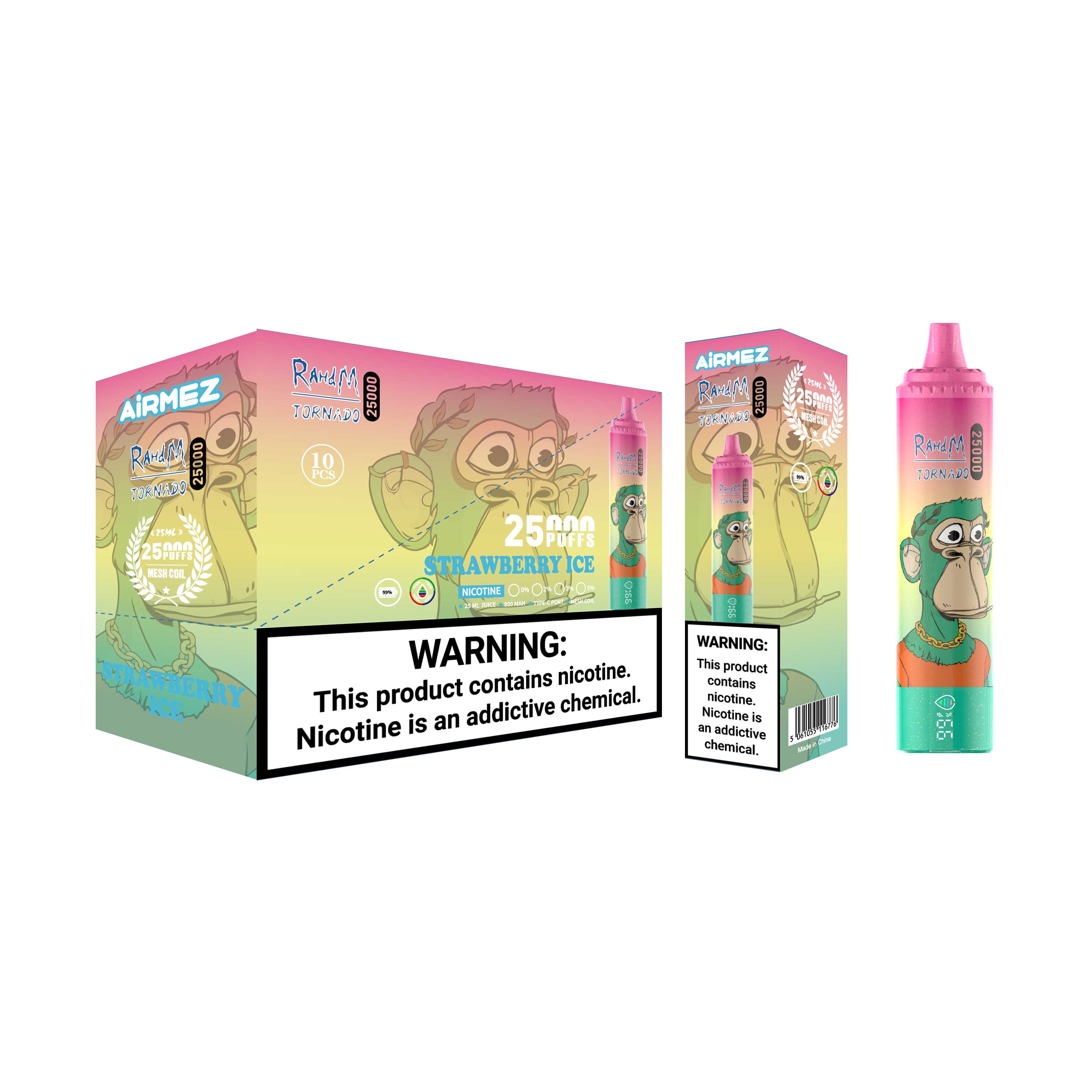 Packaging showcase for Airmez Tornado 25000 Puffs Strawberry Ice. Includes the wholesale 10pcs display box and individual consumer box.