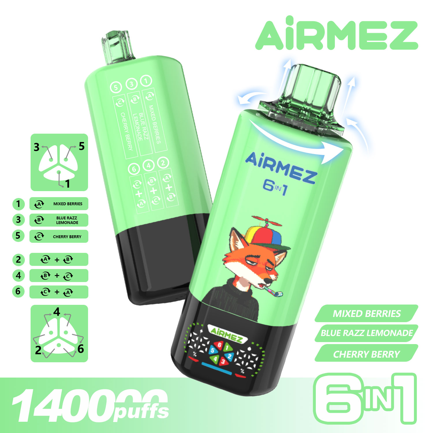 Official Blue Razz Mix Edition of Airmez Fox 140K. 6-in-1 system featuring Mixed Berries, Blue Razz Lemonade, and Cherry Berry.