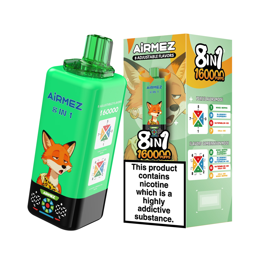 Airmez 8 in 1 16000 Puffs Disposable Vape Green Fox 8 Adjustable Mixed Fruit Flavors Multi Flavor E Cigarette Device With Packaging Box