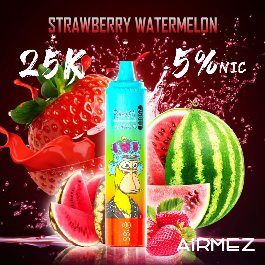 Refreshing Strawberry Watermelon render for Airmez Tornado 25000 Puffs. The smart disposable vape is paired with juicy watermelon slices and fresh strawberries.