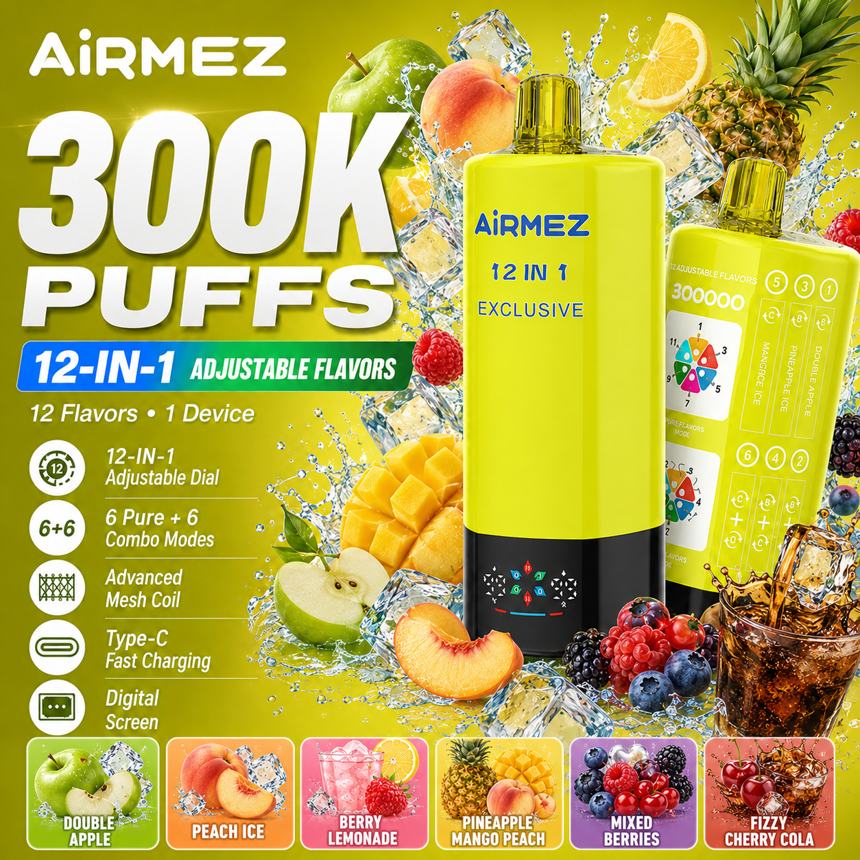 Airmez Exclusive 300K flavor illustration with double apple, peach ice, berry lemonade, pineapple mango peach, mixed berries and fizzy cherry cola