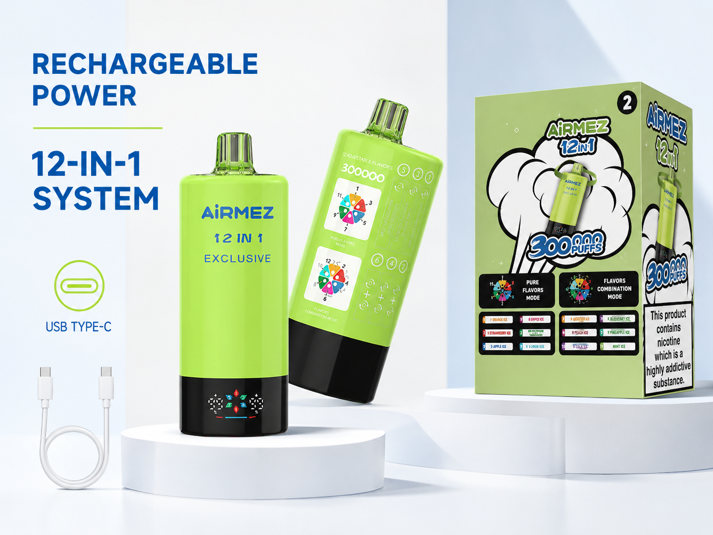 Airmez Exclusive 12-in-1 300K rechargeable Type-C device and retail packaging