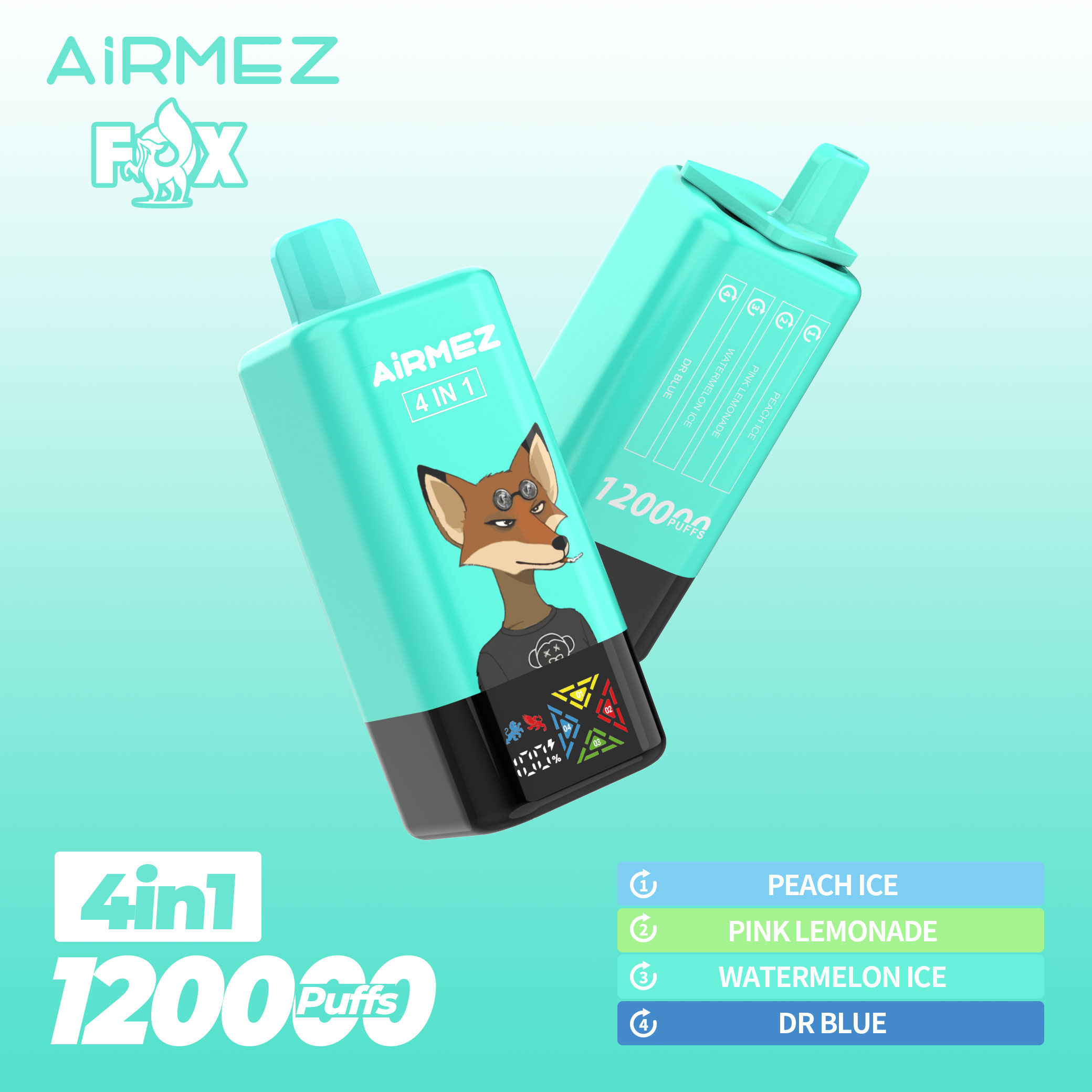 Official Blue Edition Airmez Fox 120,000 Puffs 4-in-1 vape. Loaded with Peach Ice, Pink Lemonade, Watermelon Ice, and Dr Blue.