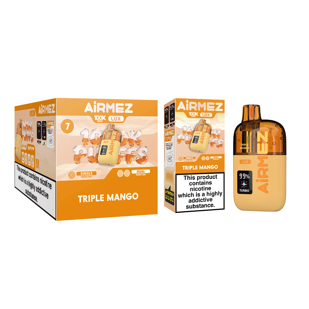 Airmez Lux 100,000 Puffs Triple Mango disposable vape wholesale master box with 10pcs retail display carton packaging for EU market