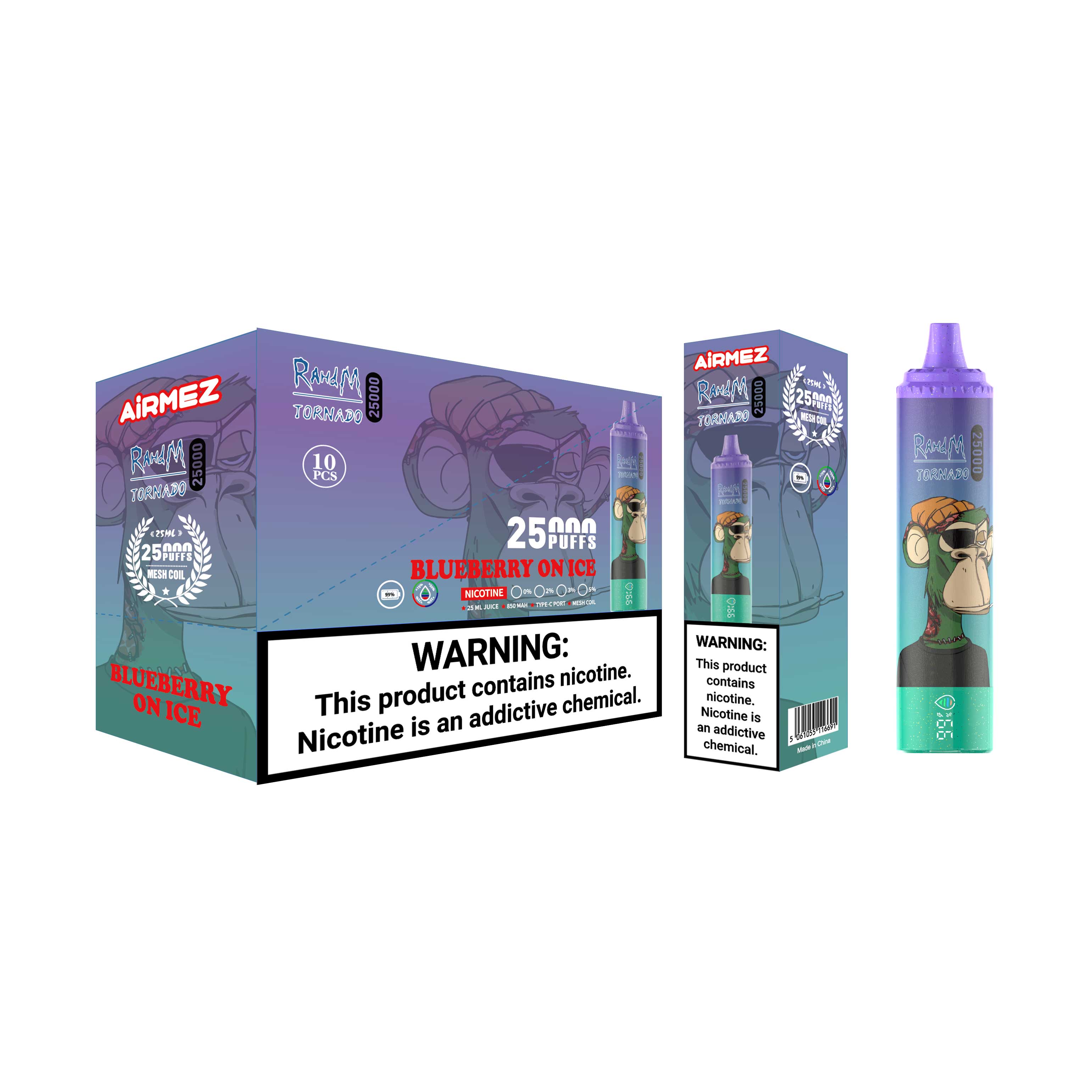 Airmez Tornado 25000 Puffs Blueberry On Ice packaging design. Features the 10pcs wholesale master case and single unit box for B2B distribution.