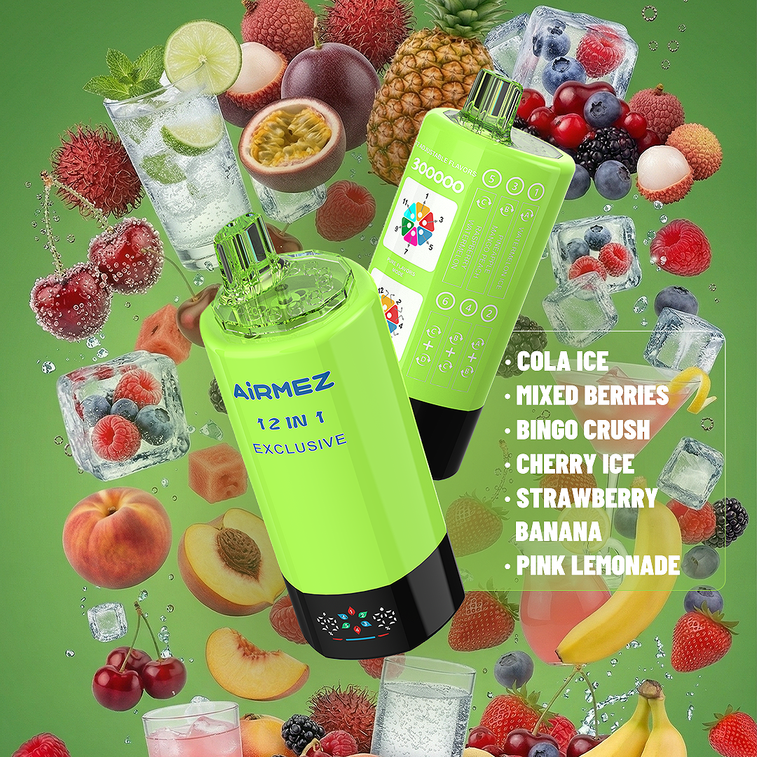 Vibrant flavor background render of AiRMEZ Exclusive 300K Edition 2 with cola ice and mixed berries.