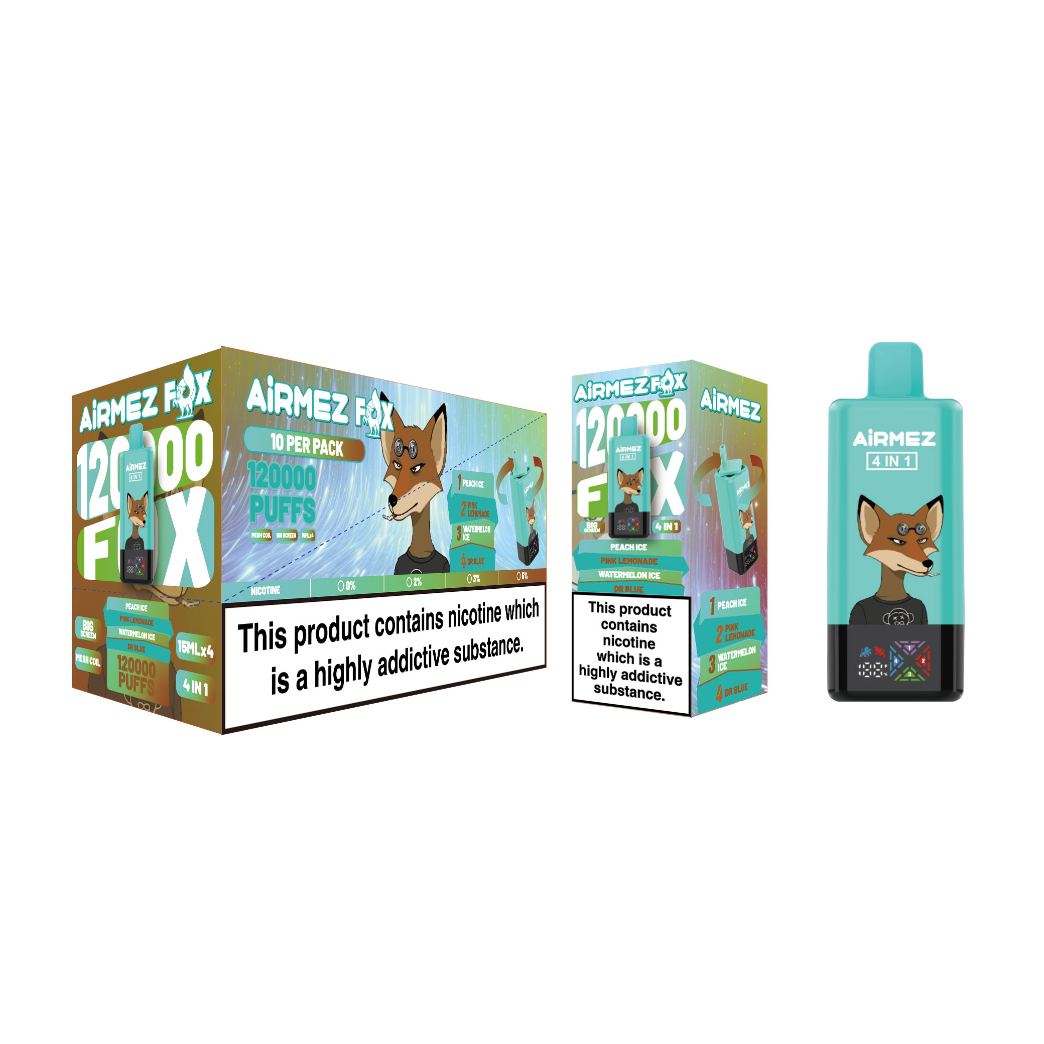 10-pack wholesale display case for Airmez Fox 120K Blue Edition. Authentic retail packaging for Peach Ice, Pink Lemonade, Watermelon Ice, and Dr Blue.