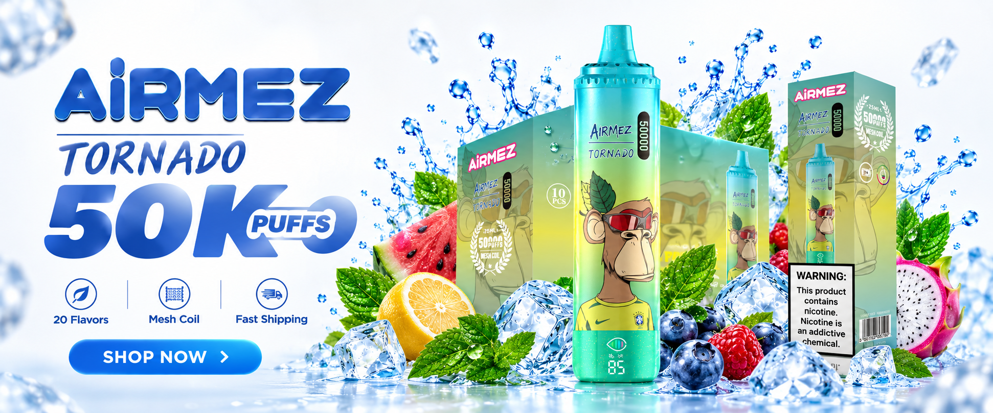 AiRMEZ Tornado 50K Puffs homepage banner featuring disposable vape device with icy fruit flavor visuals