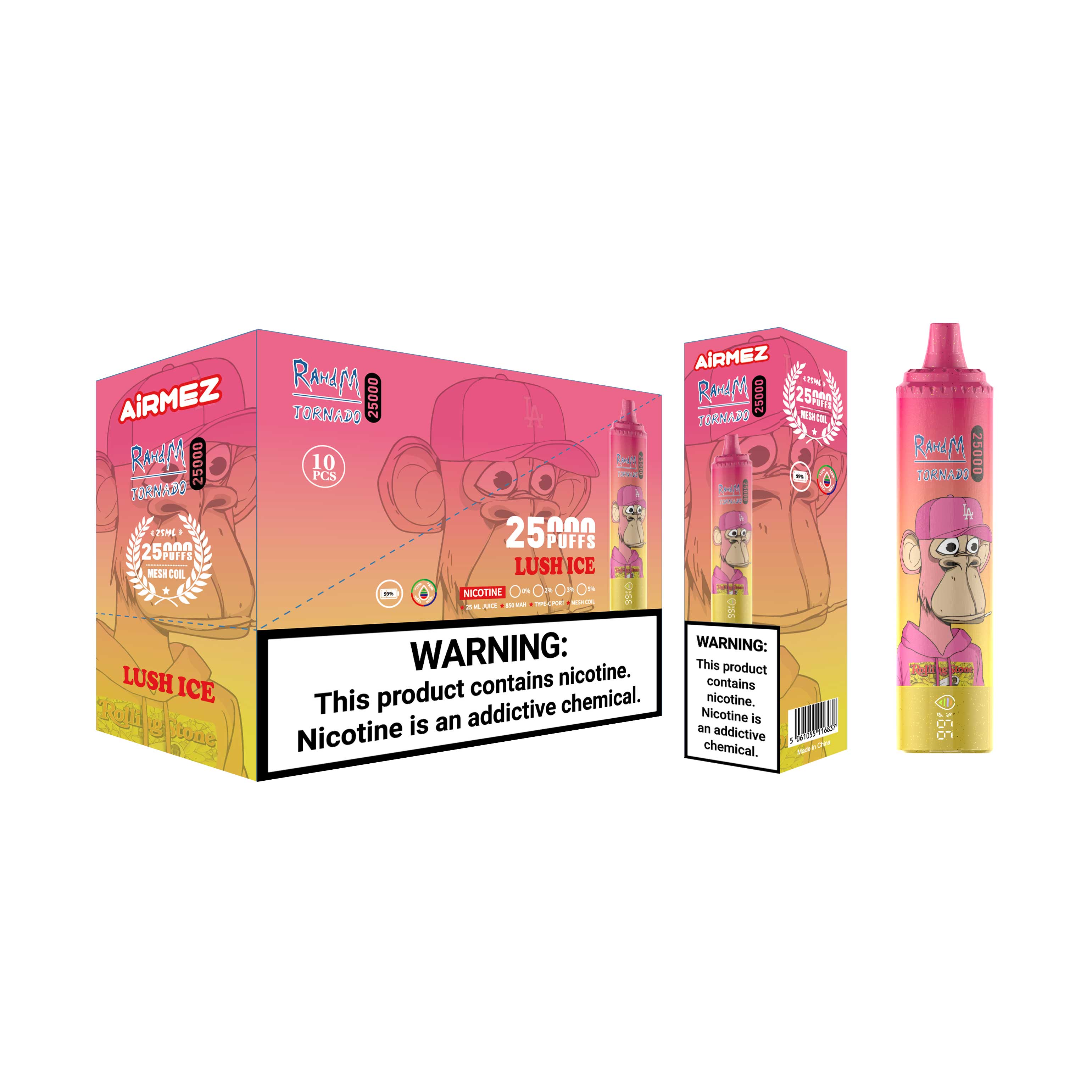Wholesale presentation of Airmez Tornado 25000 Puffs Lush Ice. Includes the master display box (10 units) and the individual retail box design.