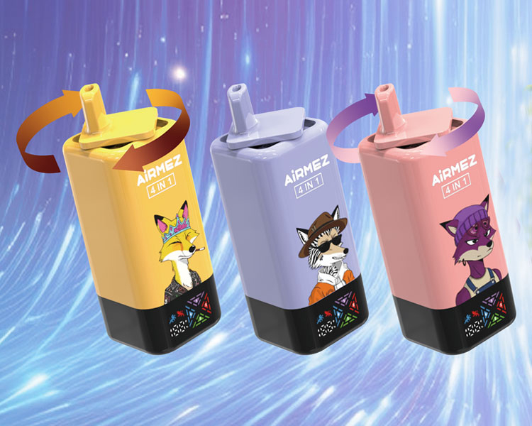 Close-up of Airmez 4 in 1 disposable vape featuring a rotating mouthpiece for flavor switching.