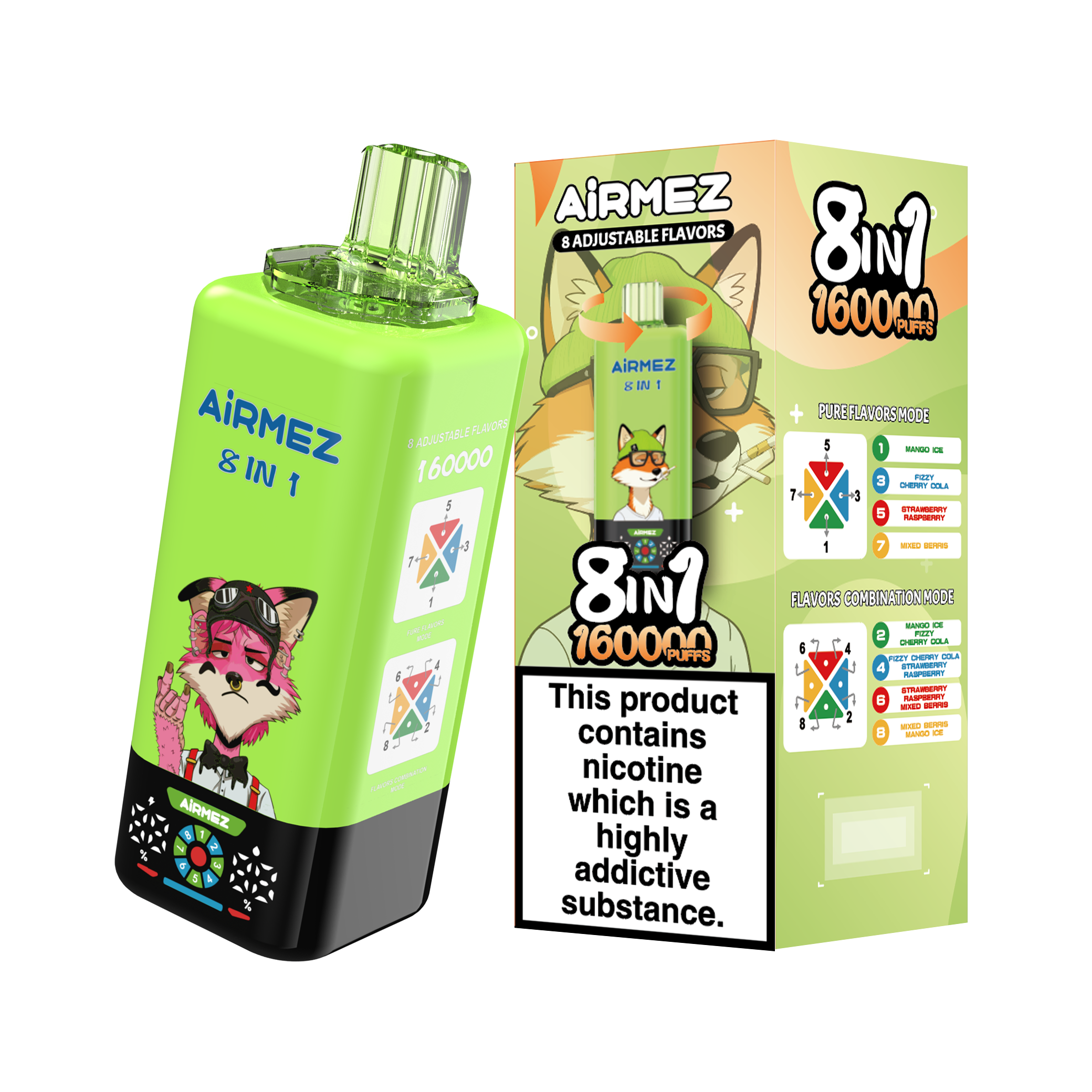 Alt text:
Airmez Fox 8-in-1 160K with Mango Ice, Fizzy Cherry Cola, Strawberry Raspberry and Mixed Berries, shown with retail packaging