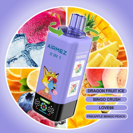 Airmez Fox 8-in-1 160K Kit 07 – Dragon Fruit Ice & Bingo Crush & Love 66 & Pineapple Mango Peach | 4 Flavor Kit Render | Rotate to Switch | EU Stock Ships from Poland