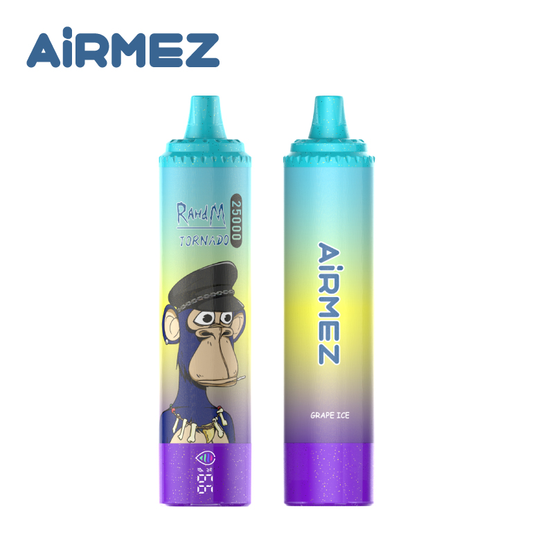 Studio product image of Airmez Tornado 25000 Puffs Grape Ice. Clean white backdrop featuring the disposable vape's dual views and street-style monkey graphic.