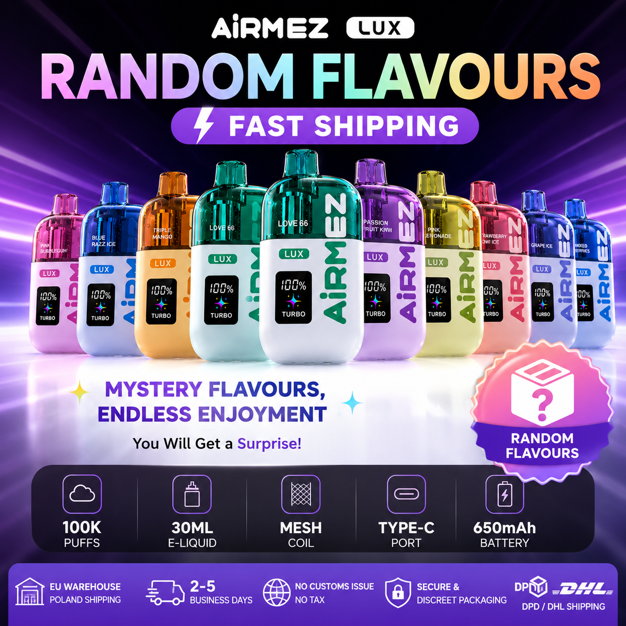 AIRMEZ Lux 100K Puffs Random Flavours Disposable Vape, Surprise Flavor Selection, Fast Shipping from Poland EU Warehouse.