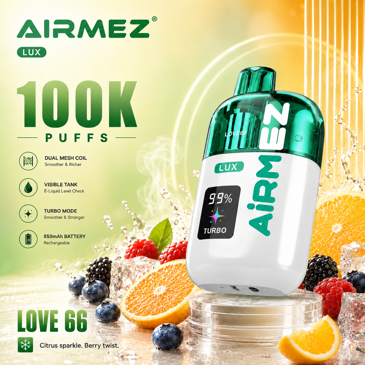Airmez Lux 100K – Love 66 | Visible Tank, Boost & Turbo Modes