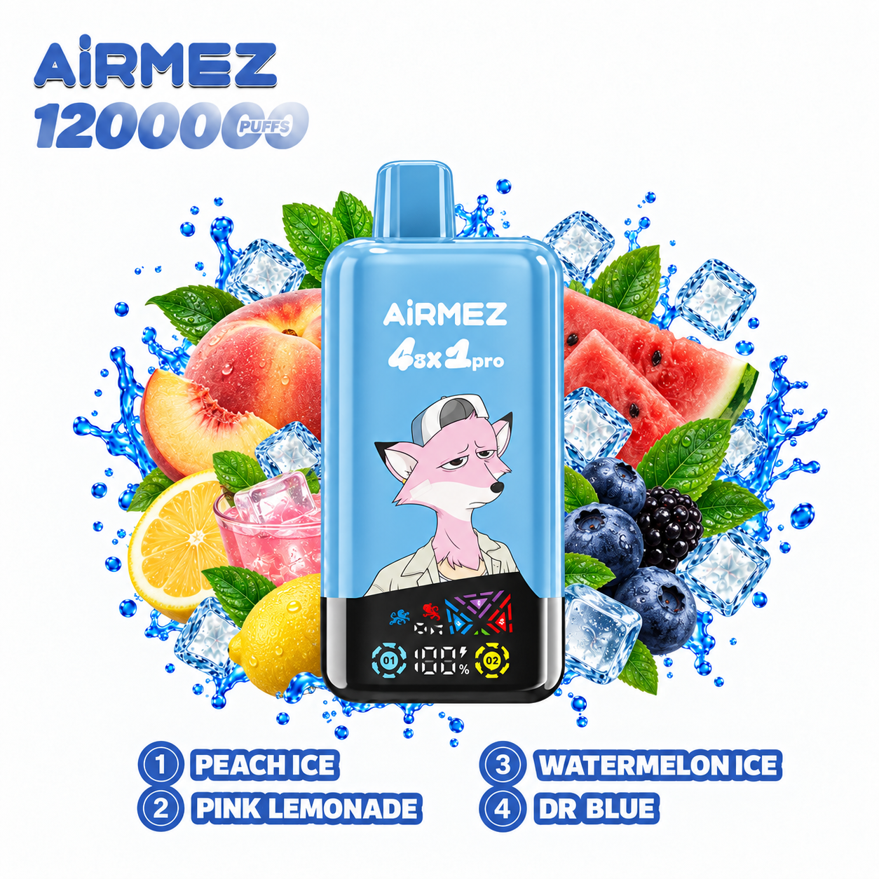AiRMEZ Fox 4-in-1 Pro 120K four-flavor edition with Peach Ice, Pink Lemonade, Watermelon Ice and Dr Blue