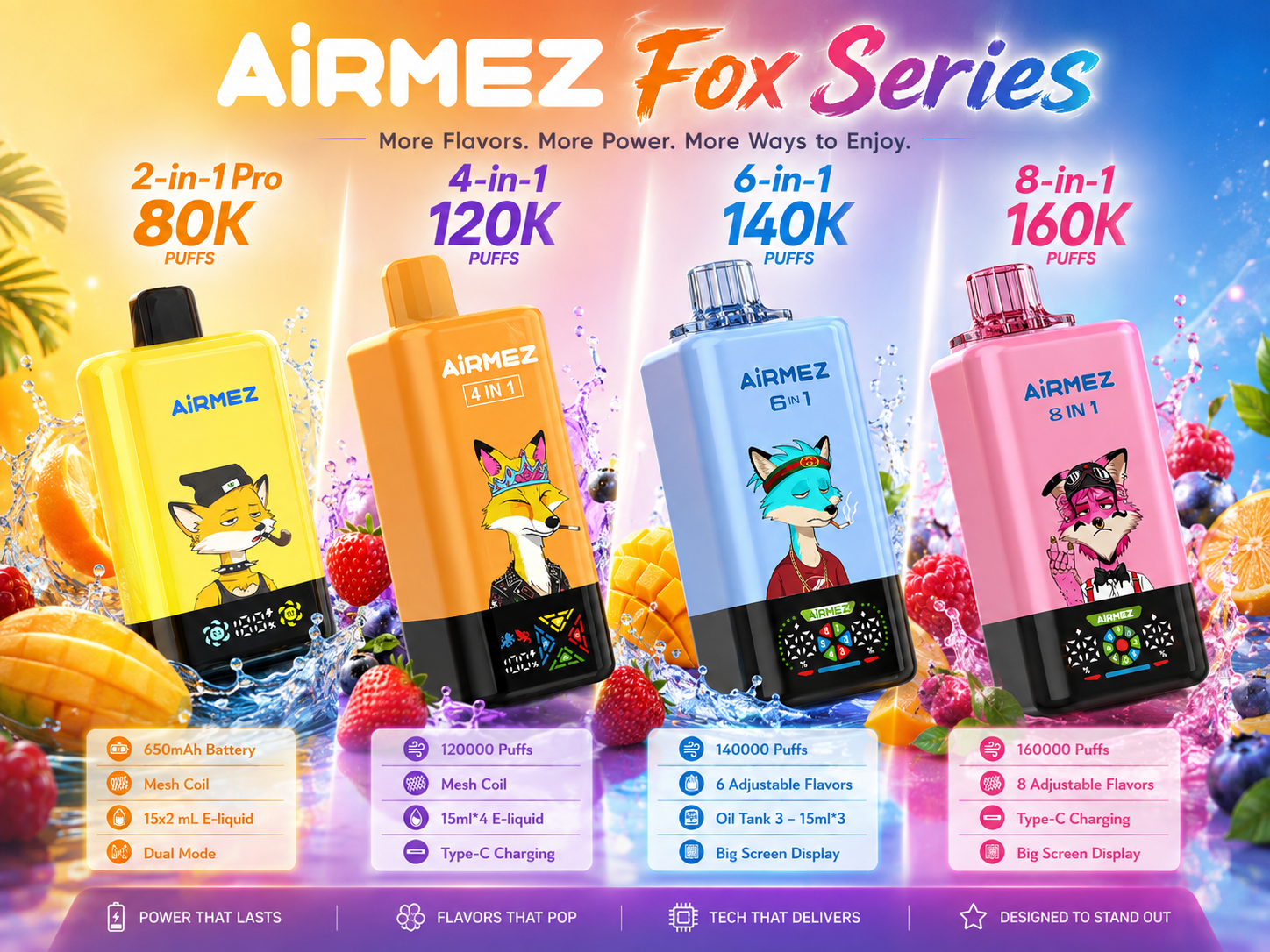AiRMEZ Fox Series official guide cover featuring 80K, 120K, 140K and 160K multi-flavor devices