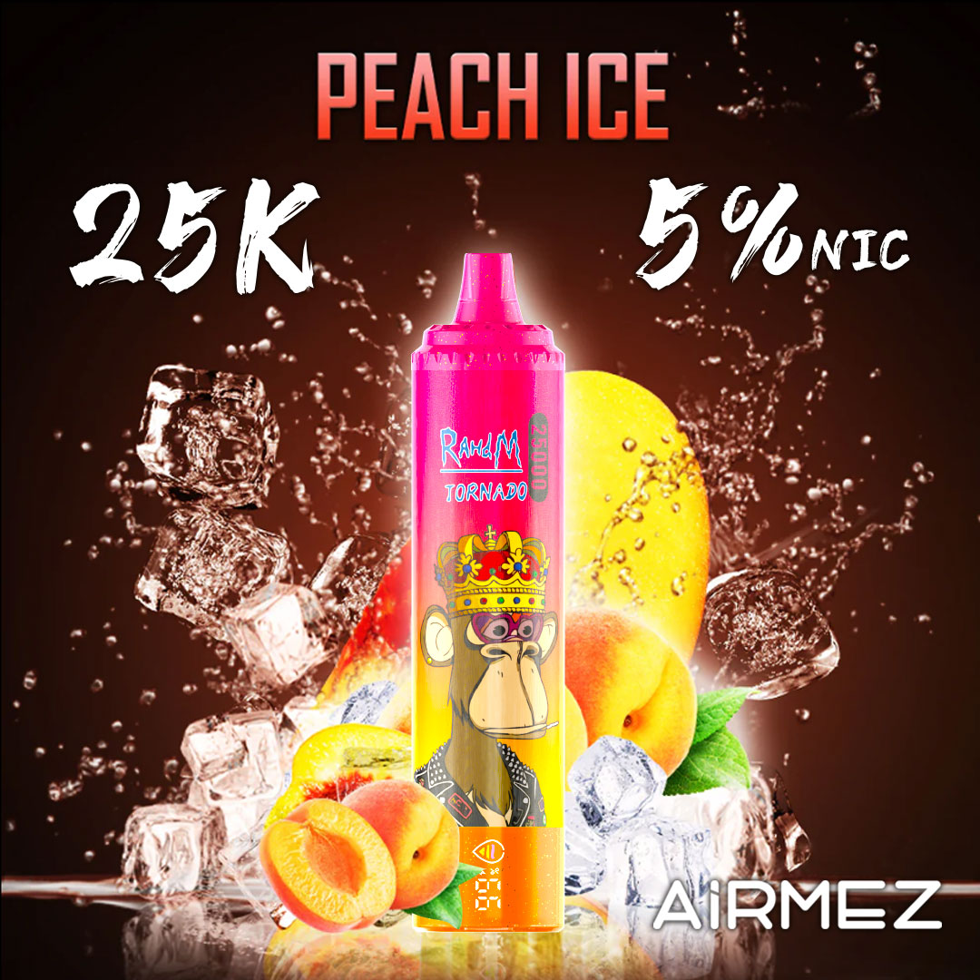 Sweet and icy Peach Ice visual for Airmez Tornado 25000 Puffs. Highlighting the smart vape alongside juicy peaches and cooling vapor splashes.