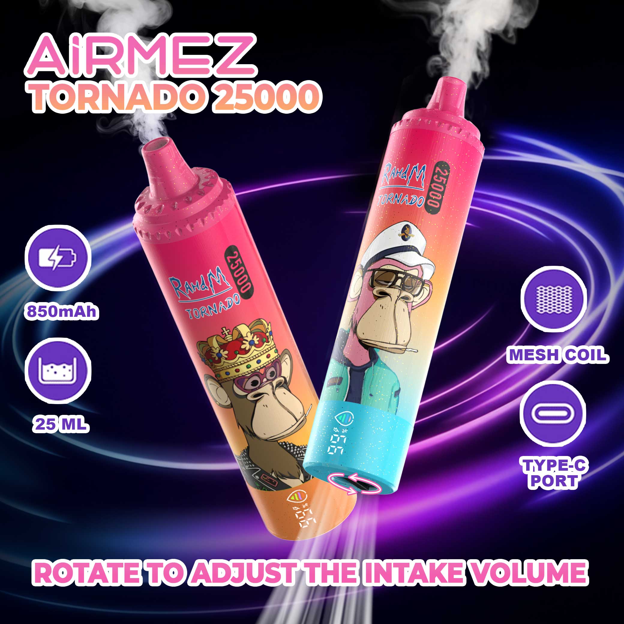 Airmez Tornado 25000 puffs disposable vape with a rotatable base to adjust air intake volume and dual mesh coil technology.