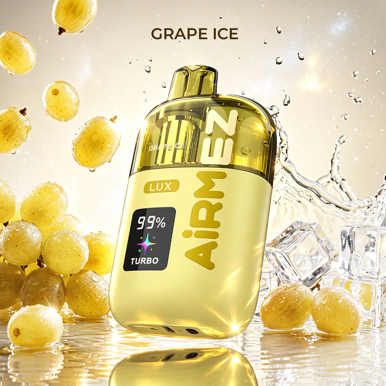 AiRMEZ Lux 100K Grape Ice visible tank vape with grape and ice flavor background