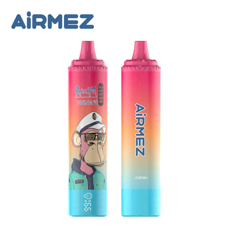 Front and back view of Airmez Tornado 25000 Puffs in Cherry flavor. Pure white background emphasizing the sleek disposable device and bottom interactive screen.