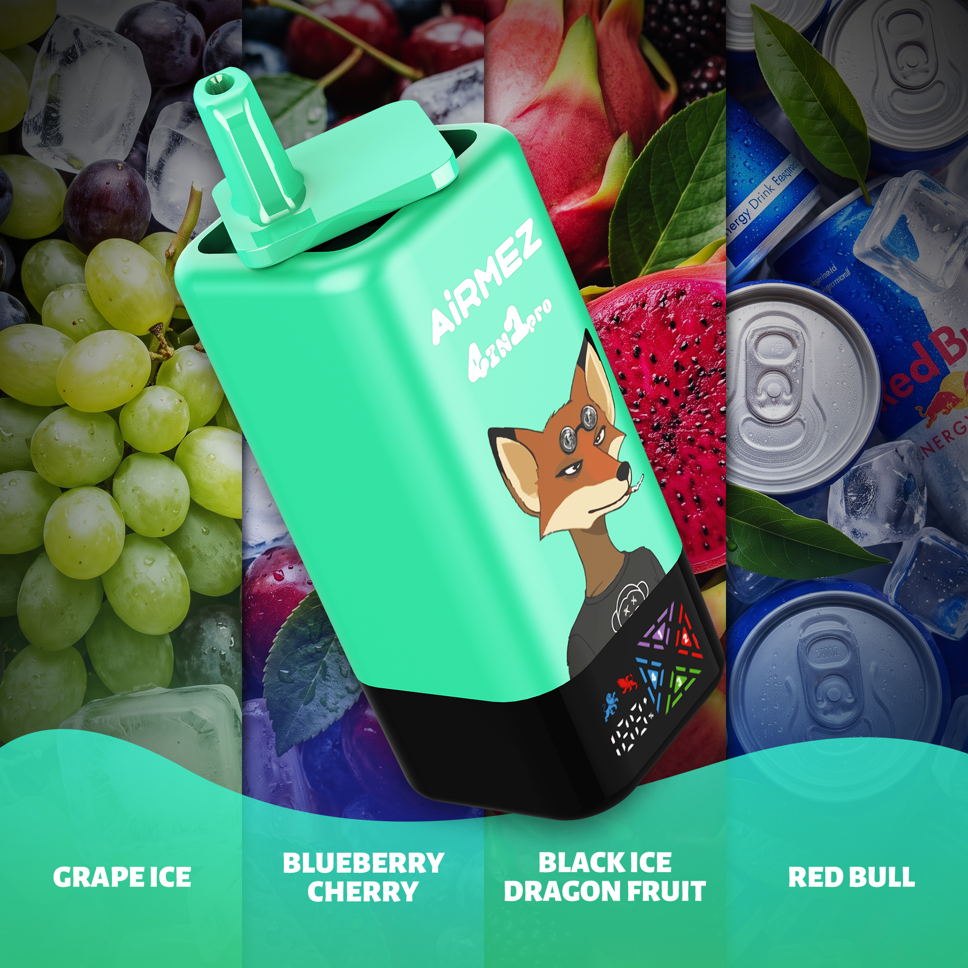 AiRMEZ Fox 4-in-1 Pro 120K Grape Ice, Blueberry Cherry, Black Ice Dragon Fruit and Red Bull