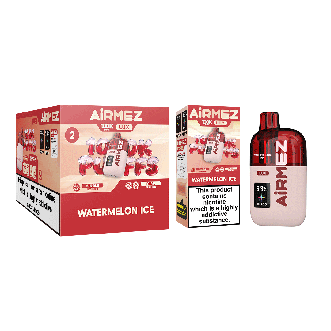 Airmez Lux 100,000 Puffs Watermelon Ice disposable vape wholesale master box with 10pcs retail display carton packaging for EU market