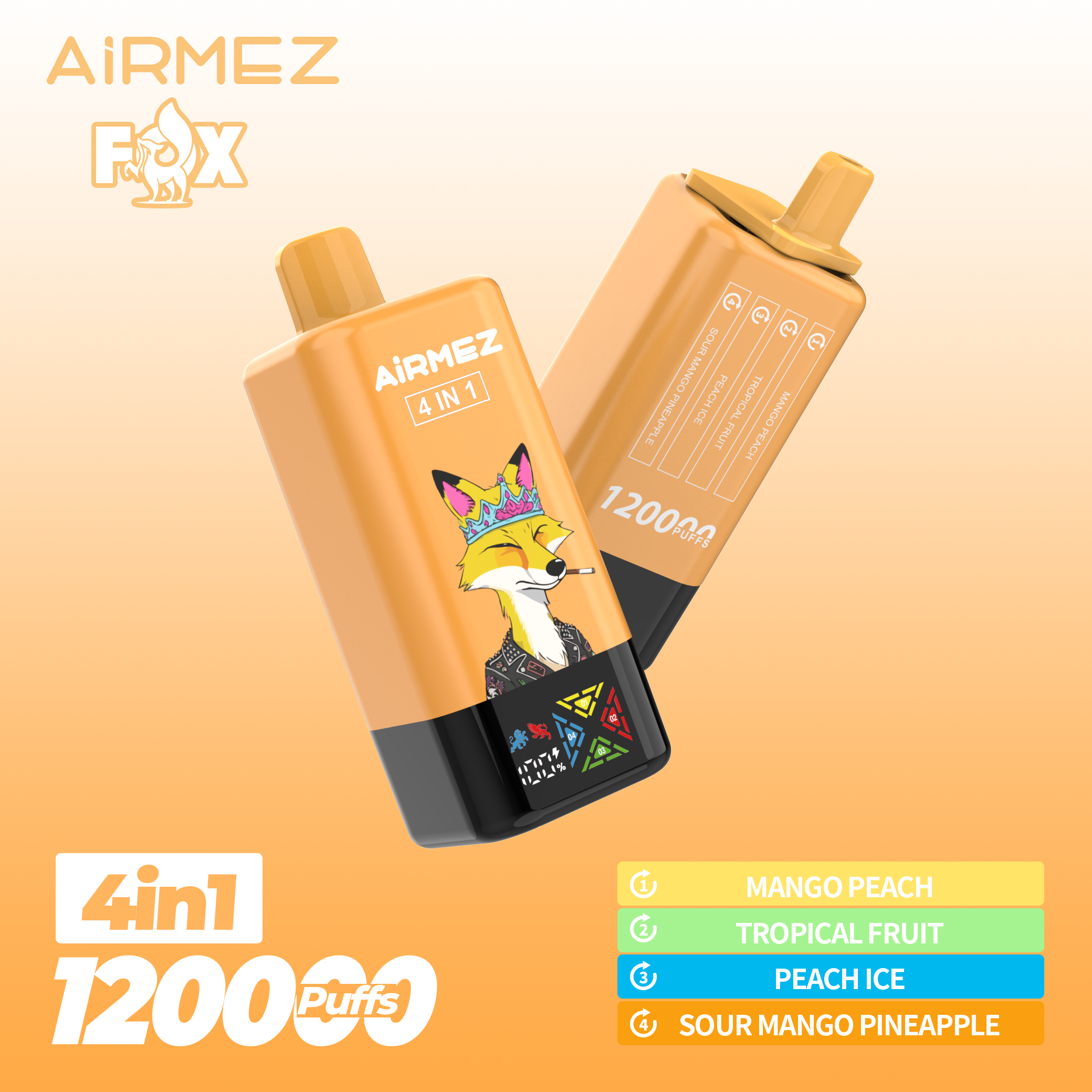 Tropical Edition Airmez Fox 120,000 Puffs disposable vape. Built-in 4-in-1 flavors: Mango Peach, Tropical Fruit, Peach Ice, and Sour Mango Pineapple.