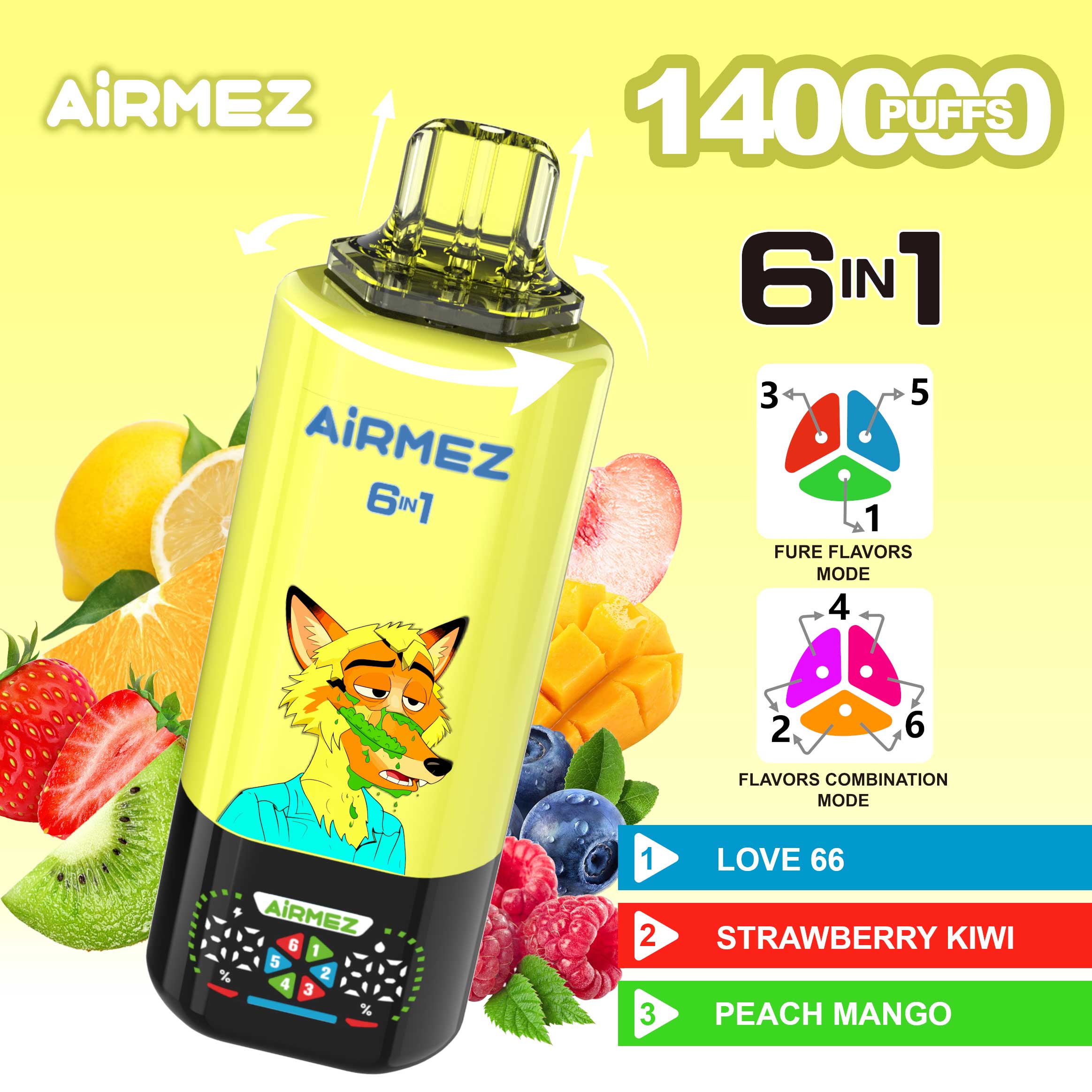 Detailed specs for Airmez Fox 140,000 Puffs Kiwi Peach Mix. Official 6-in-1 view of Love 66, Strawberry Kiwi, and Peach Mango.