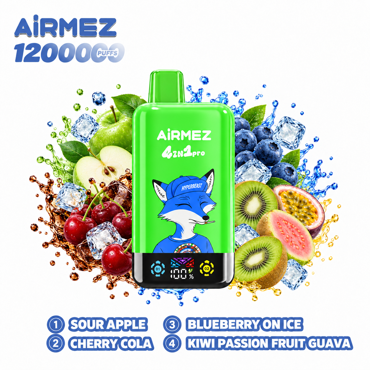 AiRMEZ Fox 4-in-1 Pro 120K four-flavor edition with Sour Apple, Cherry Cola, Blueberry On Ice and Kiwi Passion Fruit Guava
