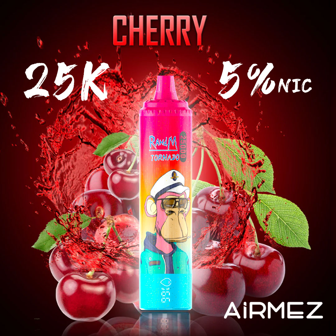Appetizing visual poster for Airmez Tornado 25000 Puffs Cherry flavor. The vape device is displayed with juicy ripe cherries and vivid red liquid splashes.
