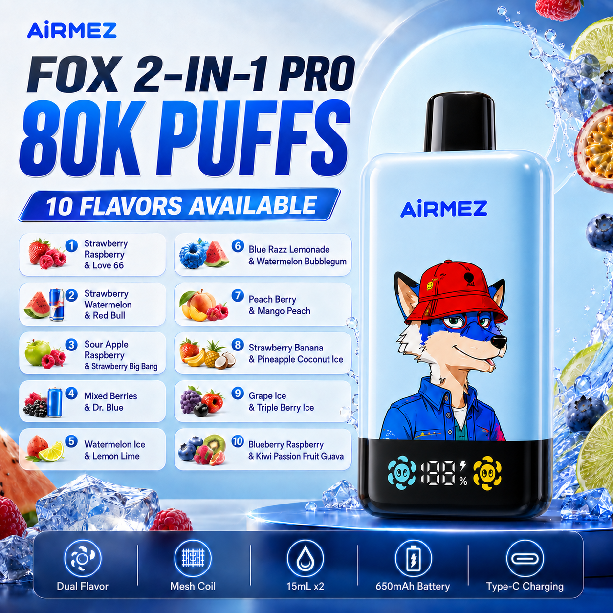 AiRMEZ Fox 2-in-1 Pro 80K 10 flavors main product image with dual flavor, Mesh Coil, 15ml x 2, 650mAh battery and Type-C charging features