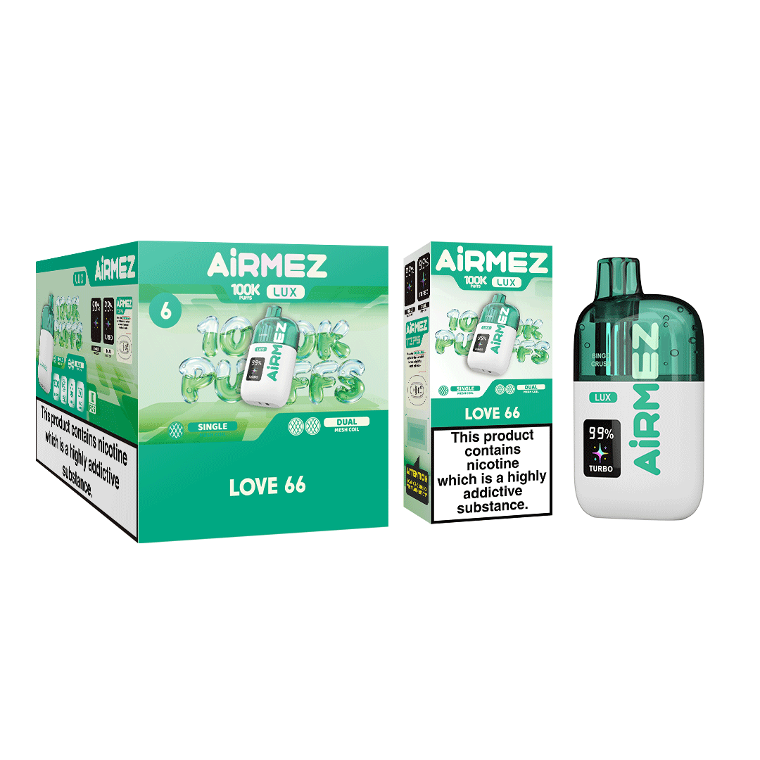 Airmez Lux 100,000 Puffs Love 66 disposable vape wholesale master box with 10pcs retail display carton packaging for EU market