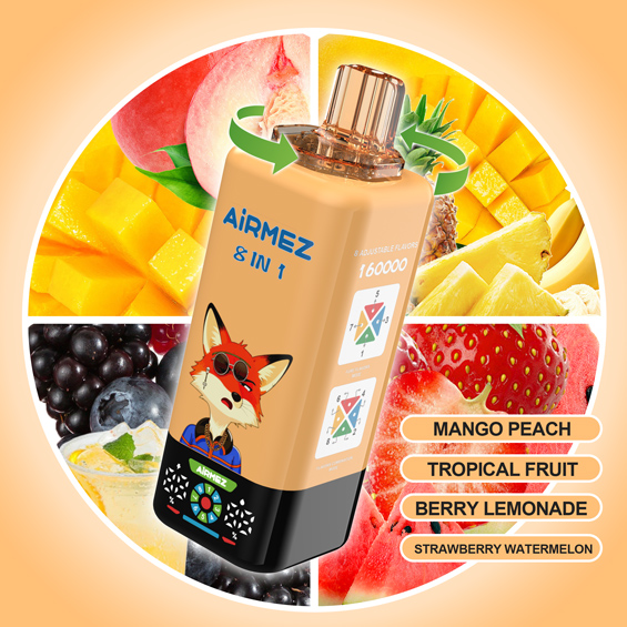 Airmez Fox 8-in-1 160K Kit 05 – Mango Peach & Tropical Fruit & Berry Lemonade & Strawberry Watermelon | 4 Flavor Kit Render | Rotate to Switch | EU Stock Ships from Poland